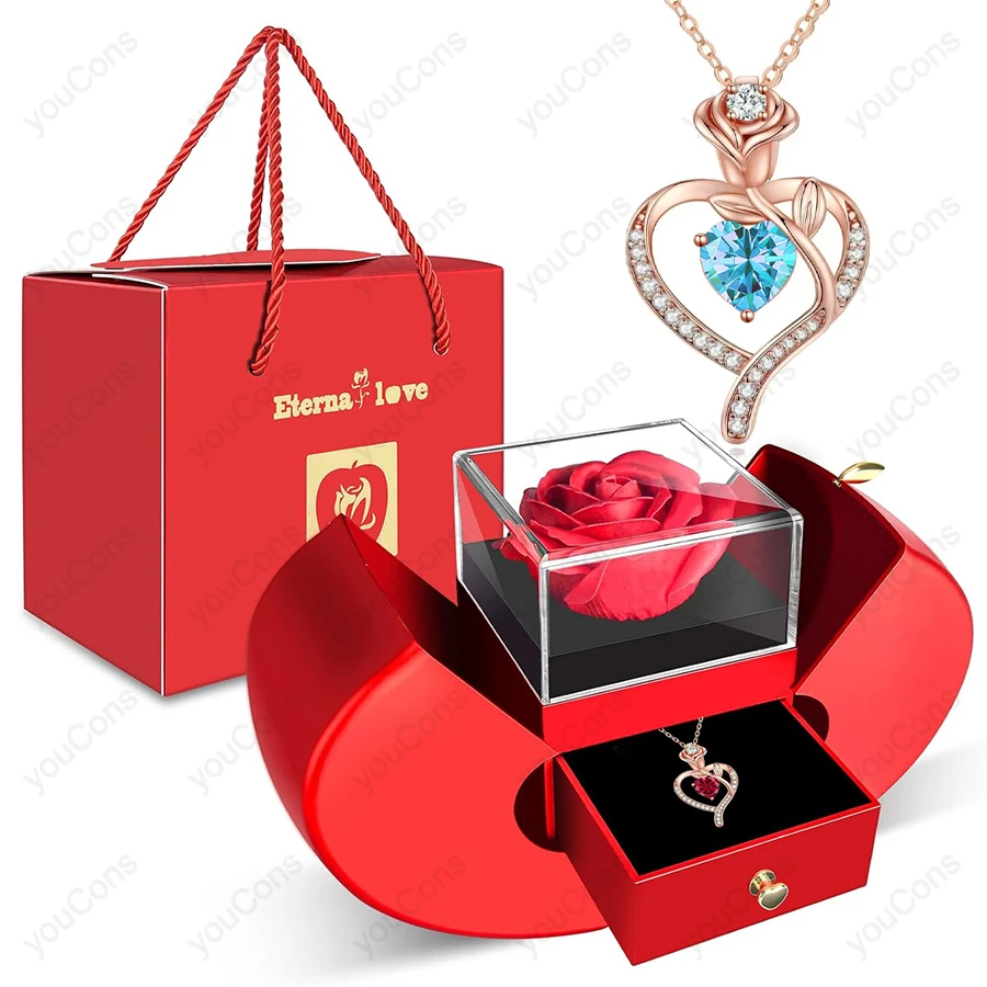 Blue Heart Zircon Pendant Necklace With Apple Gift Box 2025 New Jewelry Set For Girlfriend Christmas Valentine Anniversary Gift