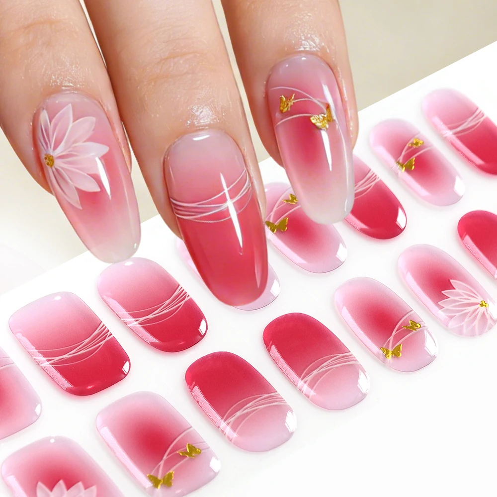 16Tip/set 5D Spring Gradient Pink Semi-Cured Gel Nail Sticker Bronzing Star/Rabbit/Line Nail Wraps Long-Lasting UV/LED Gel Decal