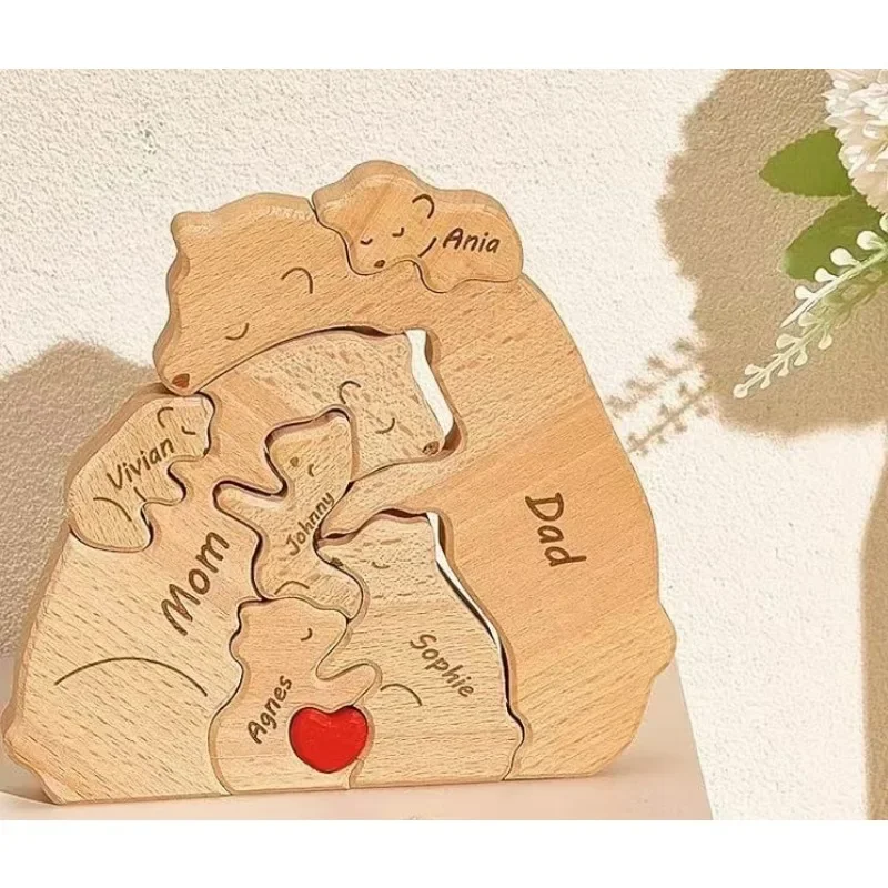 Custom Name Bear Puzzle Art Ornament Free Engraving Family Theme Father, Mother\'s Day Gift Home Decoration Custom Souvenir
