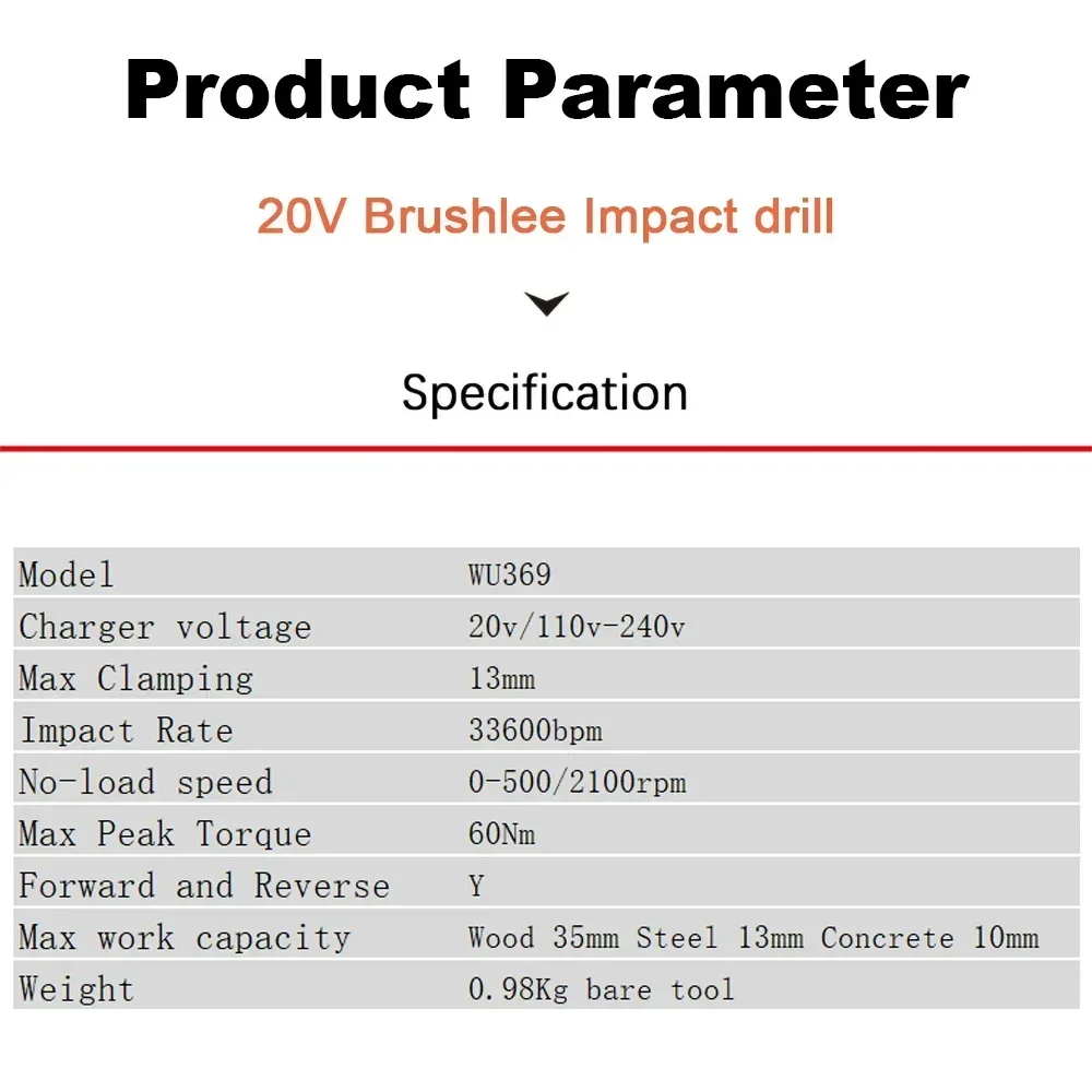 WORX Cordless Impact Drill WU369 20V Max 60Nm 2100rpm 33600bpm Brushless Motor Multifuncitonal Share Green Battery Platform