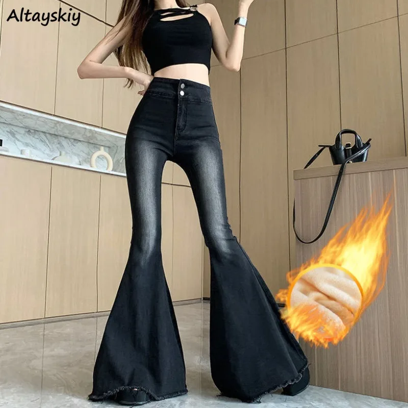 Plus Velvet Thicker Jeans Women Sexy Girls Slim Flare Trousers Keep Warm Full Length Buttons Pockets Tassel Stylish All-match