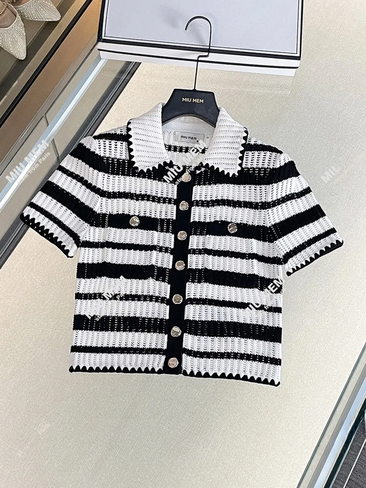 

Ele Summer Striped Knitted Cardigan irt with Doll Collar Commuter Sle Regular Fit ort Sve Chinese Production
