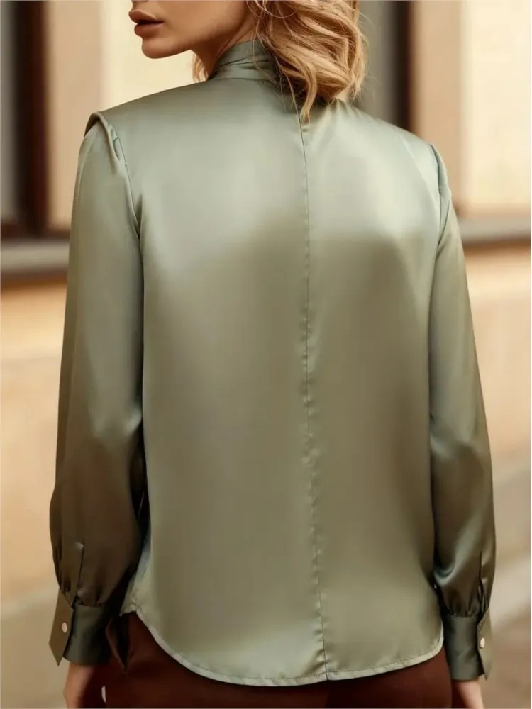 

Fashion Hollow Stand Collar Women's Long Sleeve Shirt Spring Autumn New Solid Color Satin Slim Fit Chic Shirt Female Office Tops