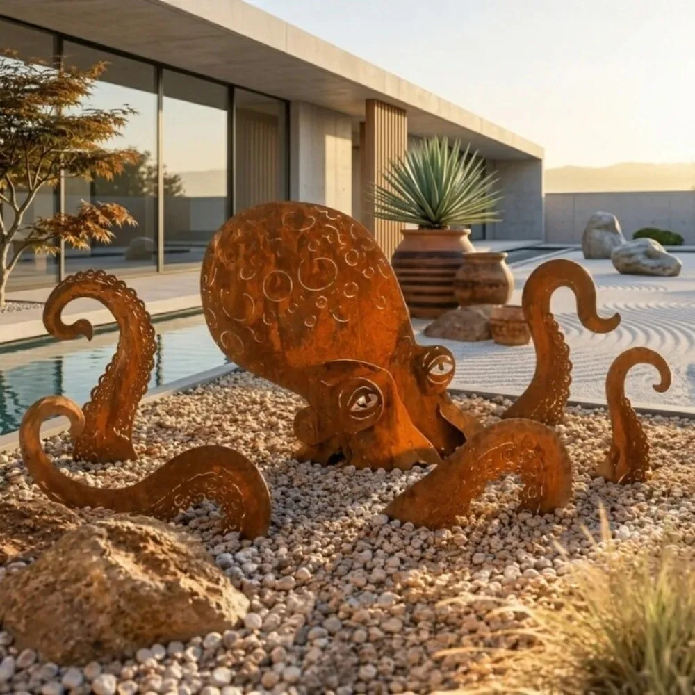 Vintage Iron Rusty Metal Squid Garden Statue Rustic Coastal Art Squid Yard Art Decor Ocean Style Layered Layout