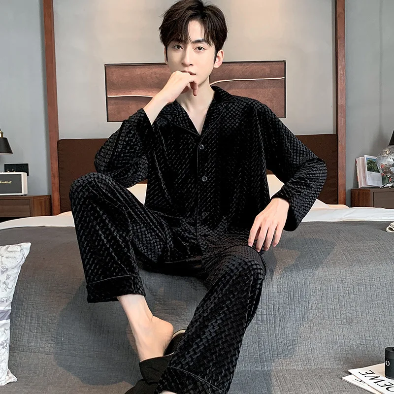 Piżama męska z wysokiej jakości czarnego koreańskiego aksamitu, z długim rękawem, na wiosnę i jesień, komplet do spania, strój domowy, komplet zimowy, do noszenia na zewnątrz.
