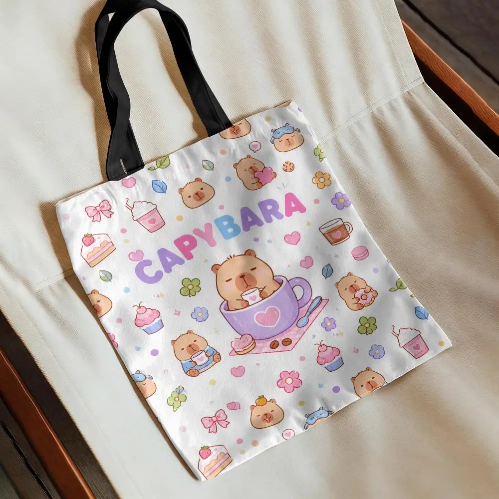 Cute Cartoon Kapibala Storage Bags Canvas Tote Bag Large Capacity Shoulder Shopper Eco Multi-Purpose Handbag
