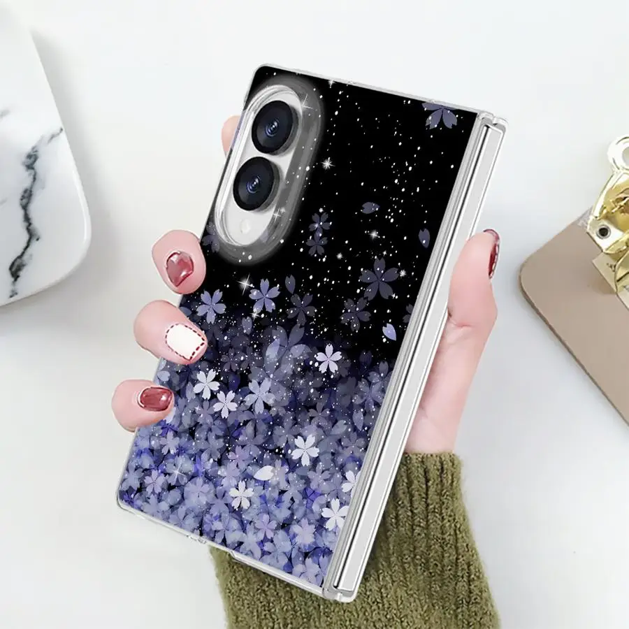 Phone Funda Case for Samsung Galaxy Z Fold 8 ZFold 8 PC Hard Luxury ZFold8 Pink The Art Of Falling Flowers Black