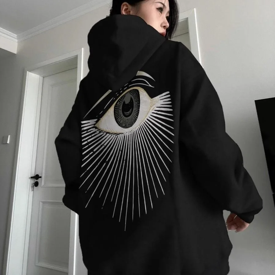 Cotton Hoodie Fashion Women Big Eye Print Hooded Shirt Casual Fleece Pullover Sweatshirts Autumn Winter Women Clothing