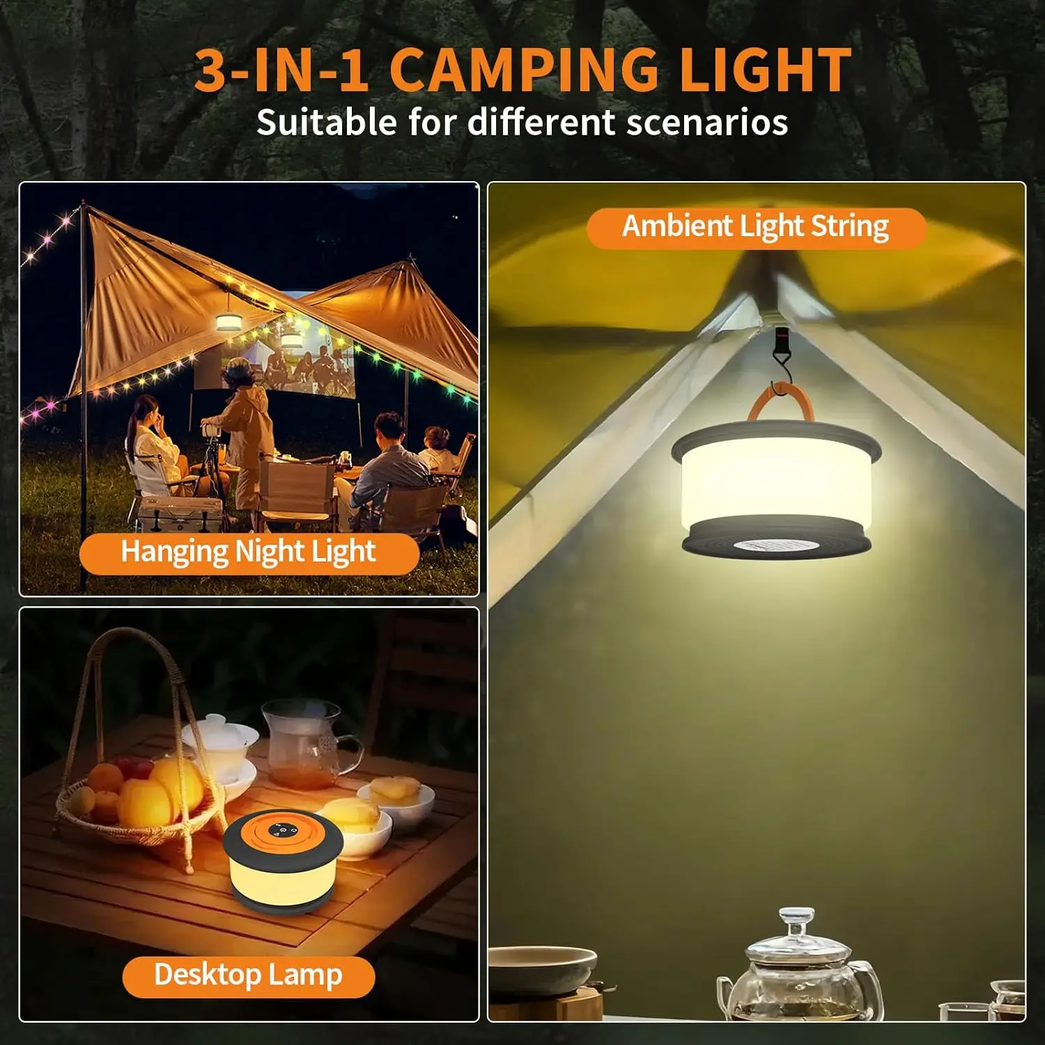 Camping String Lights, Retractable 32.8ft RGB Flash Lamp, Rechargeable LED Fairy Lights Outdoor Waterproof, Hanging Lantern