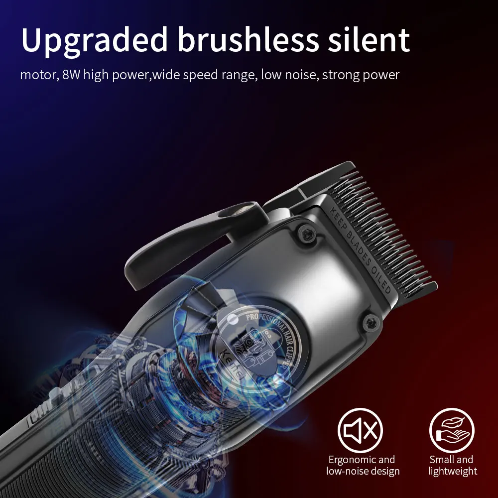 

Kemei Barber Hair Clipper Brushless Motor DLC Fade Blade Hair Trimmer Rechargeable Cordless Electric Taper Hair Cutting Machine