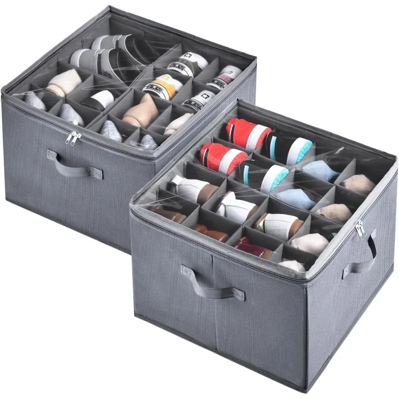 

2 Pack Shoe Organizer for Closet,Fits up to 32 Pairs,Adjustable Dividers for Shoe Storage,Fabric Shoe Storage Bins with Clear