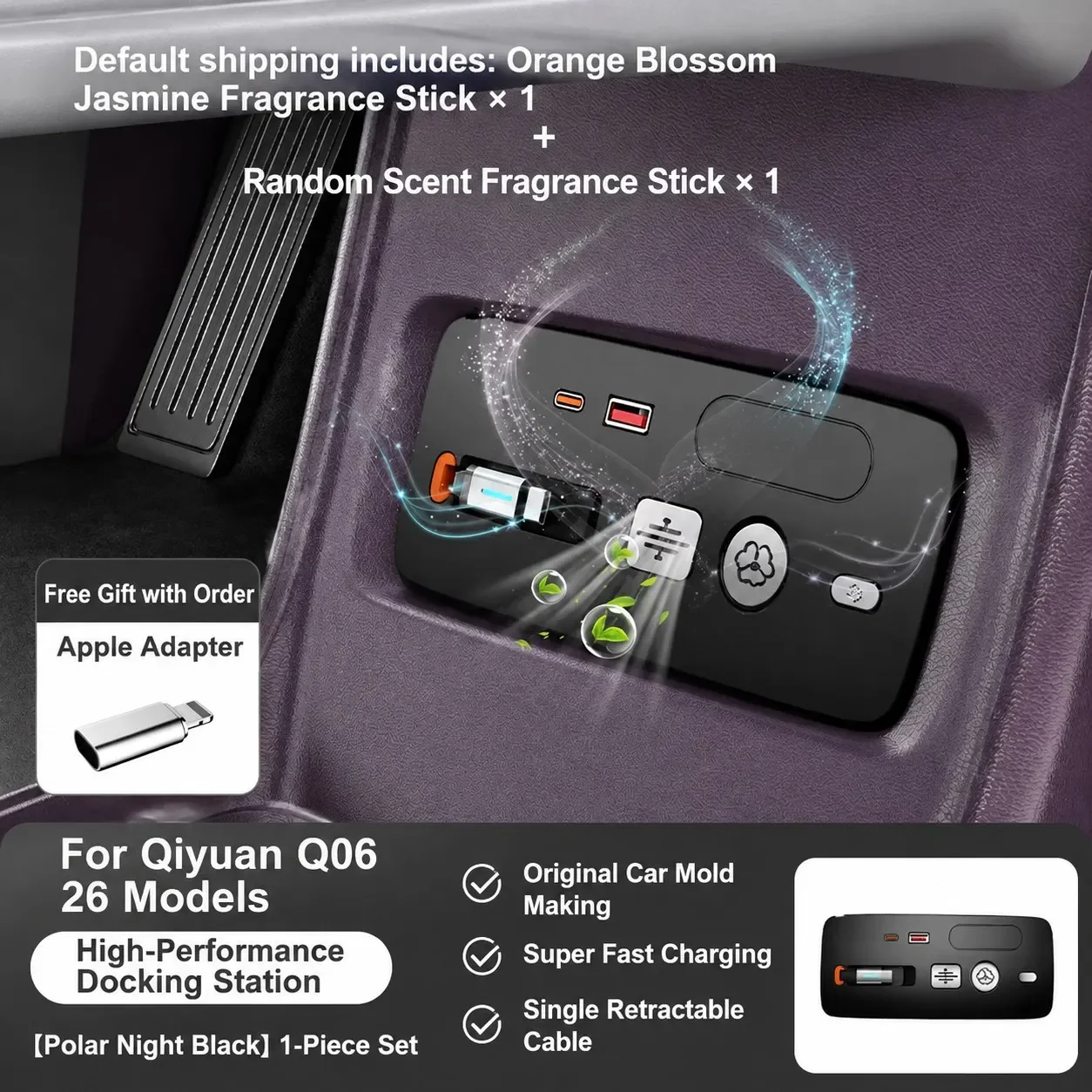 For Changan Nevo A06 Q06 2026 Car Charging Docking Station Center Console Super Fast Charger Retractable Cable Air Freshener
