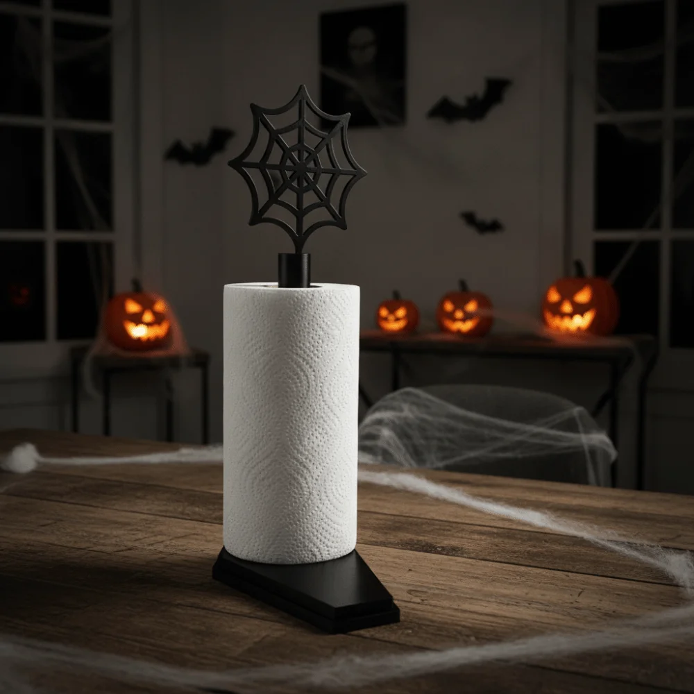 Vertical Halloween Towel Holder Countertop Detachable Spider Web Paper Rack Black Durable Bat Tissue Stand Homeowners