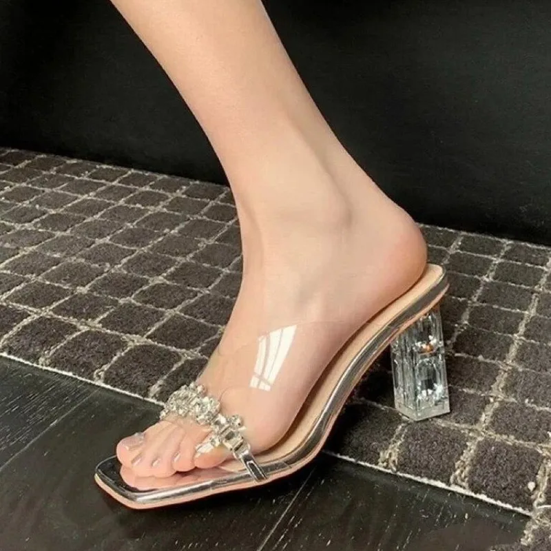 Transparent Slippers Women's Rhinestone Crystal 2026 New Summer Wear Fashion High-end High-heeled Shoes