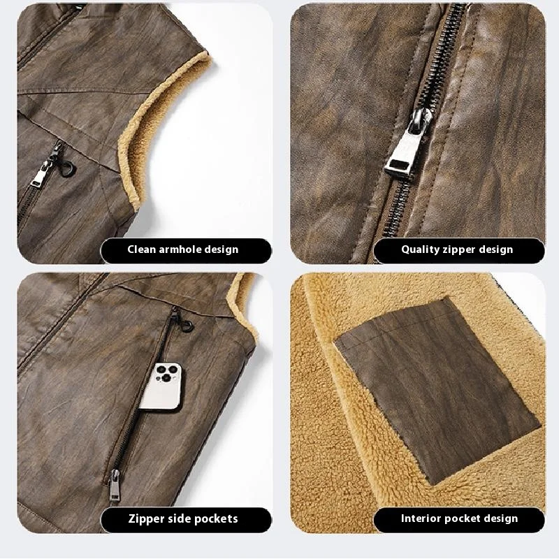 الشتاء رجل الصوف عادية أكمام سترة جلدية الرجال متعدد جيب صالح البضائع دراجة نارية سترة الرجال العمل السائق صدرية جلدية #6