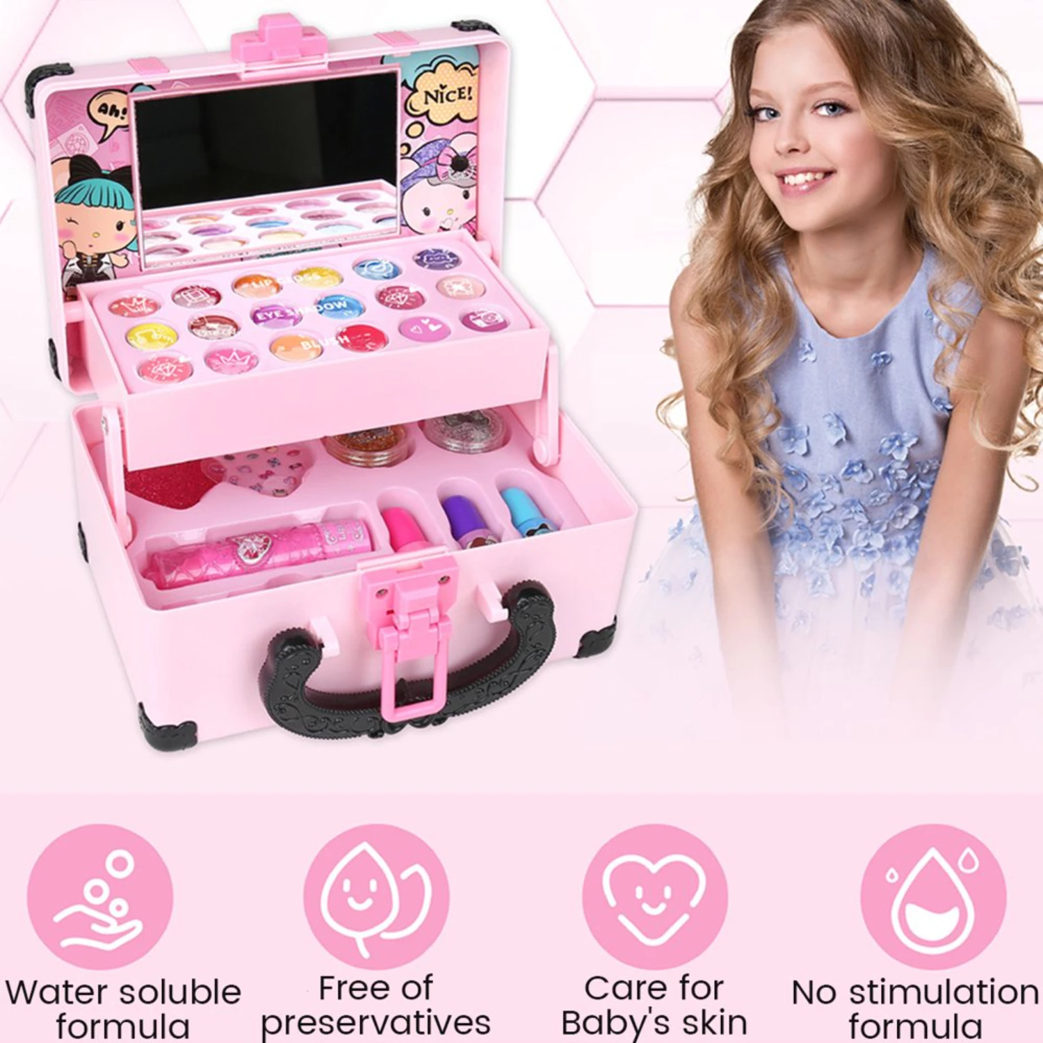 Set cosmetico lavabile Kit per trucco per ragazze per bambini Pieghevole per giocare Vanity Makeup Toy Palette Box con rossetto a specchio per ragazze