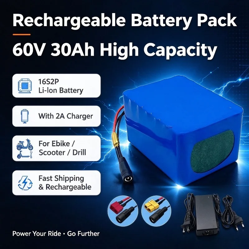 60V 30Ah 16S2P Li-Ion Battery Pack for Electric Bicycle Ebike Scooter Motor Toys Drill With 2A Charger Fast Shipping