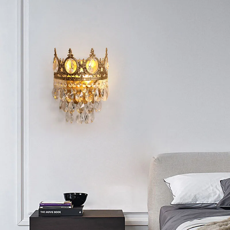 French Light Luxury Crown Copper Wall Lamp Living Room Tv Background Bedroom Bedside Crystal Retro Lighting