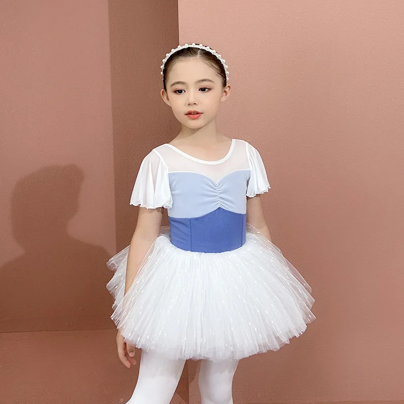 Korea Prinzessin Trikot Ballerinas Elegante Rüschen Kurzarm Overall Gaze Vorne 2 Schichten Mädchen Training Top Glanz Sequin Tutu