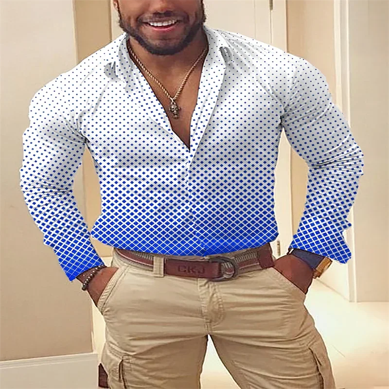 Camisa de manga larga a cuadros para hombre, camiseta informal con botones y solapa, color azul, a la moda, para primavera y verano, novedad de 2023