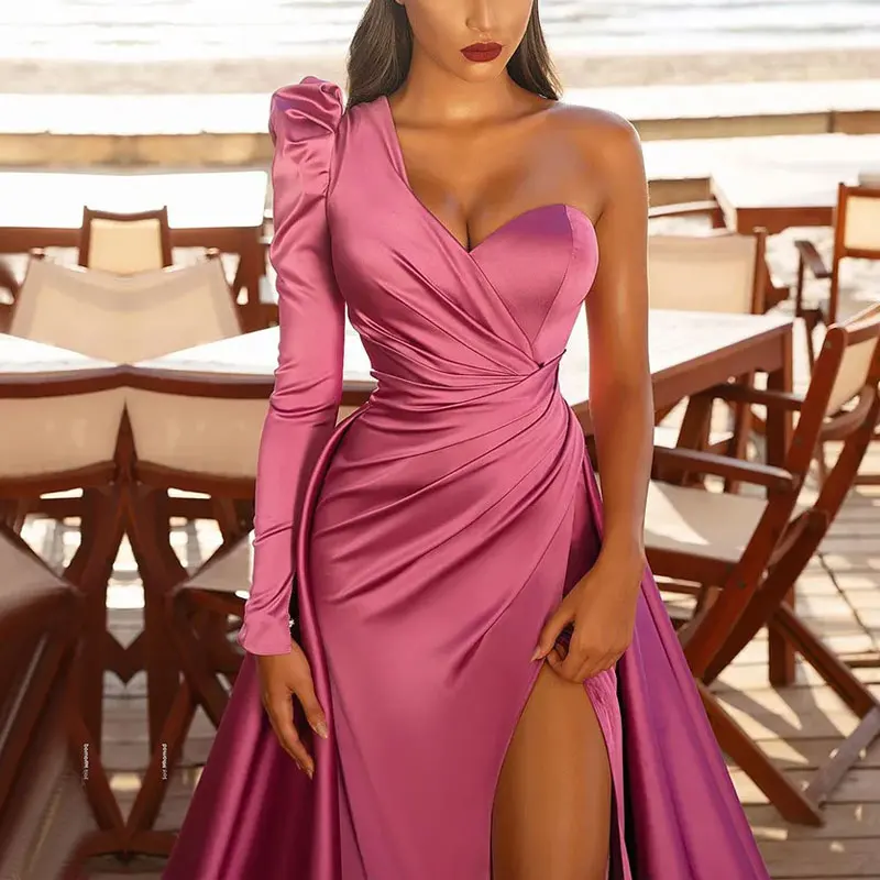 Rose Pink Pleat Satin Sexy One Shouldr Evening Dresses Gowns A Line High Split For WomerParty Night Celebrity Dress Customized