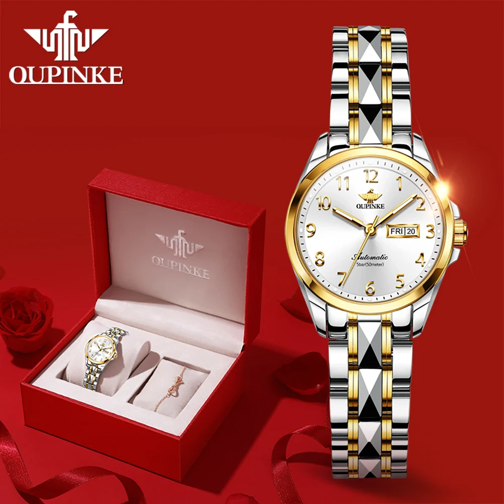 OUPINKE 3228 Ladies Watch Luxury Automatic Mechanical Watch 50M Waterproof Watches For Women Date Set Gifts Dual Calendar