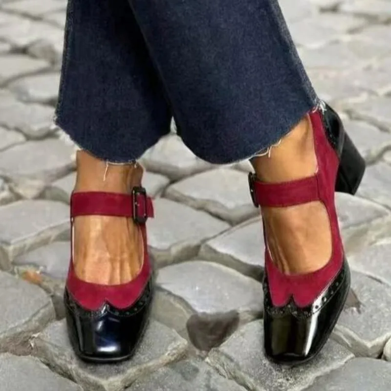 

New Women's Red Black Mary Janes Shoes High Quality Leather High Heel Dress Shoes Square Toe Shallow Buckle Strap Women's Shoes