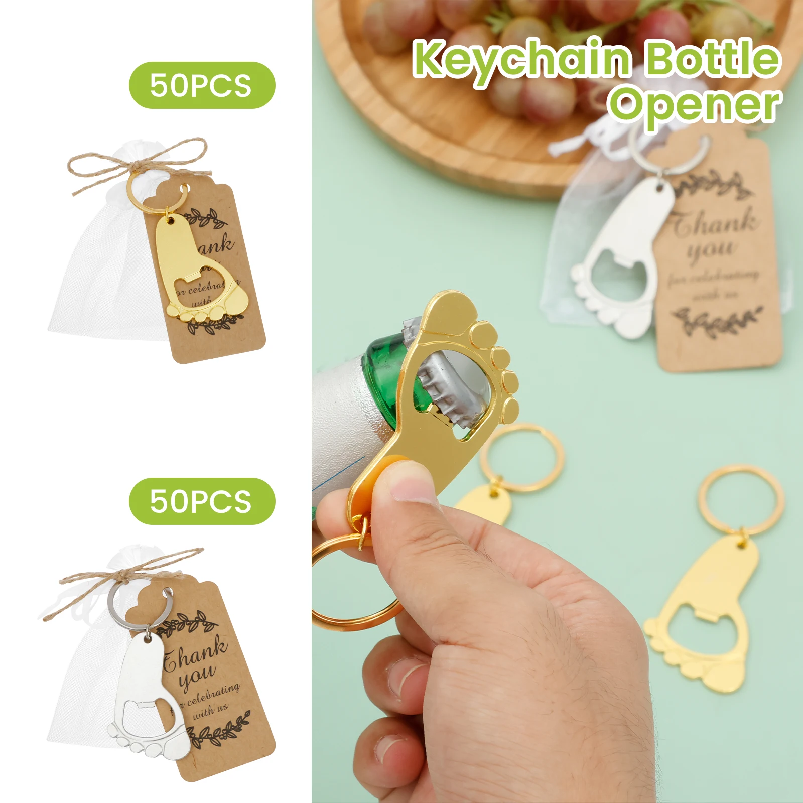 

50PCS Keychain bottle opener Tag bag rope set Metal Footprint Bottle Opener Easy to carry decorative keychain