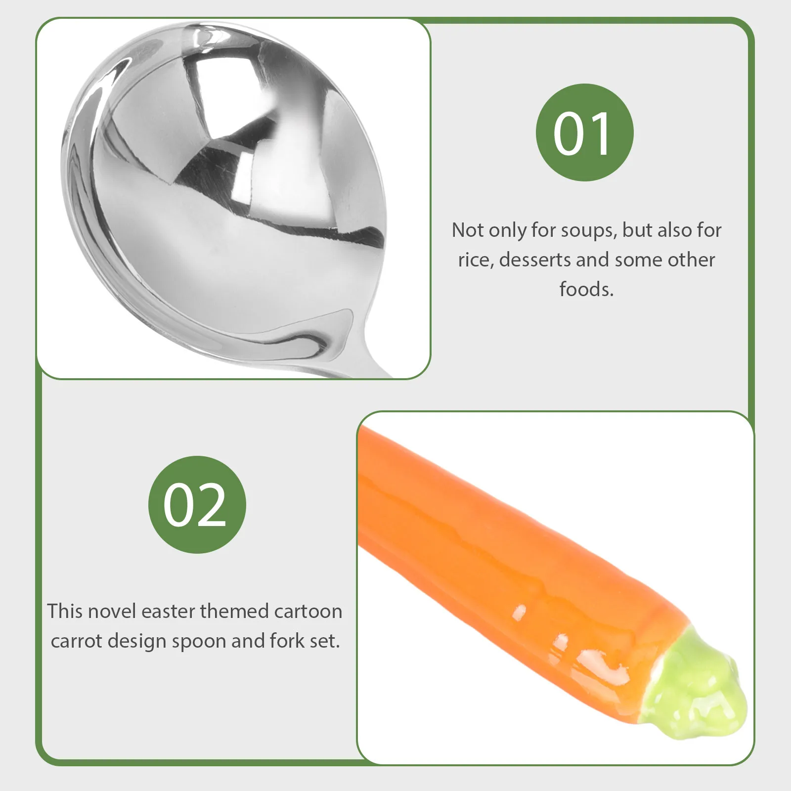 

2 шт., пасхальная тематическая детская ложка, набор вилок, мультяшный морковный дизайн, детские столовые приборы для супа, рисового десерта, детская ложка, вилка