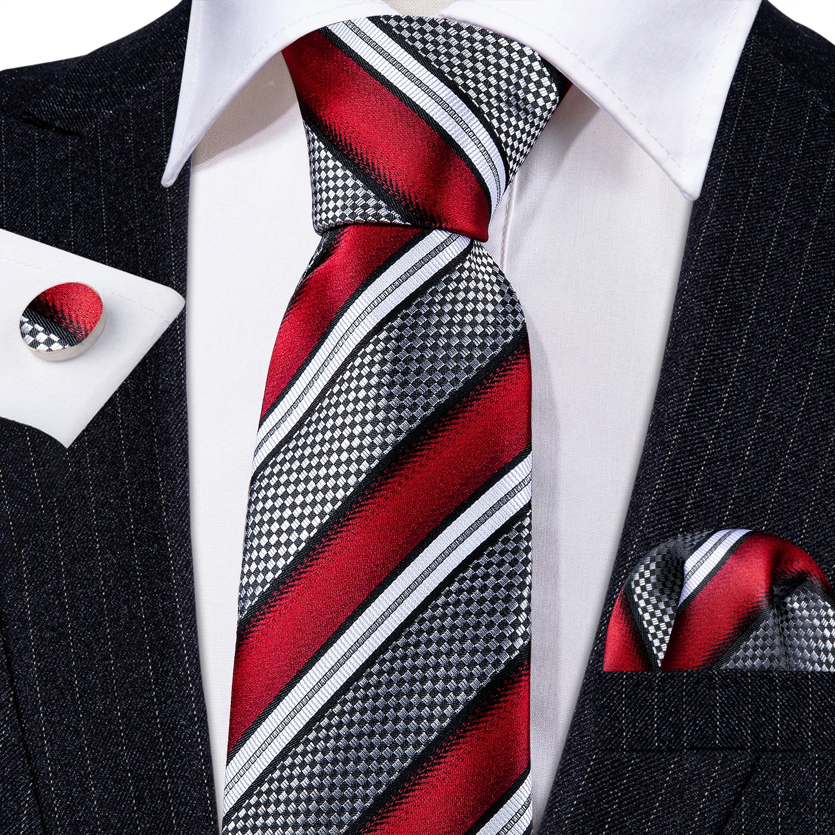 

Barry.Wang Paisley Floral Solid Men Tie Handkerchief Cufflinks Set Jacquard Red Blue Purple Necktie For Male Wedding Business