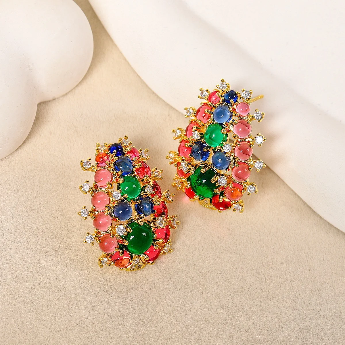 Gold Multi‑Color Cabochon Cluster Stud Earrings Colorful Gemstone Statement Earrings Party Jewelry