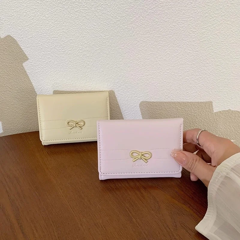 Women's Trifold Wallet Sweet Bow Metal Decor Faux Leather Multi Card Slots Portable Ladies Coin Purse With Photo Window