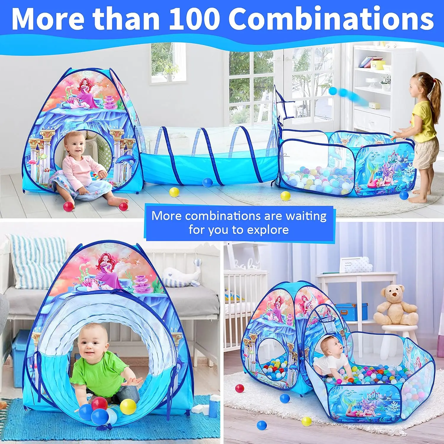 3 in 1 Kids Mermaid Play Tent for Toddler with Baby Ball Pit and Play Tunnel, Children Indoor Outdoor Playhouse with Crawling Tu