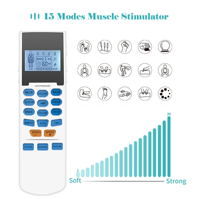 Estimulador muscular Tens Ems, máquina de electroterapia portátil, 15 modos y 8 almohadillas para aliviar el dolor, masajeador de impulso de pulso