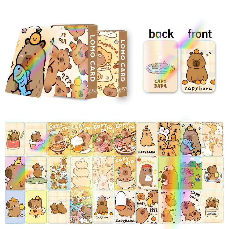 Capybara-tarjeta de impresión de doble cara para niños, tarjetas Lomo de dibujos animados, HD, sesión fotográfica, regalo de colección, 30 piezas