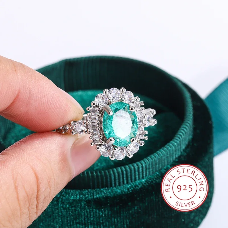 Exquisite Paraiba Green High Carbon Diamond 925 Silver Plated Ring for Women Double Crystal Anniversary Gift Party Jewelry