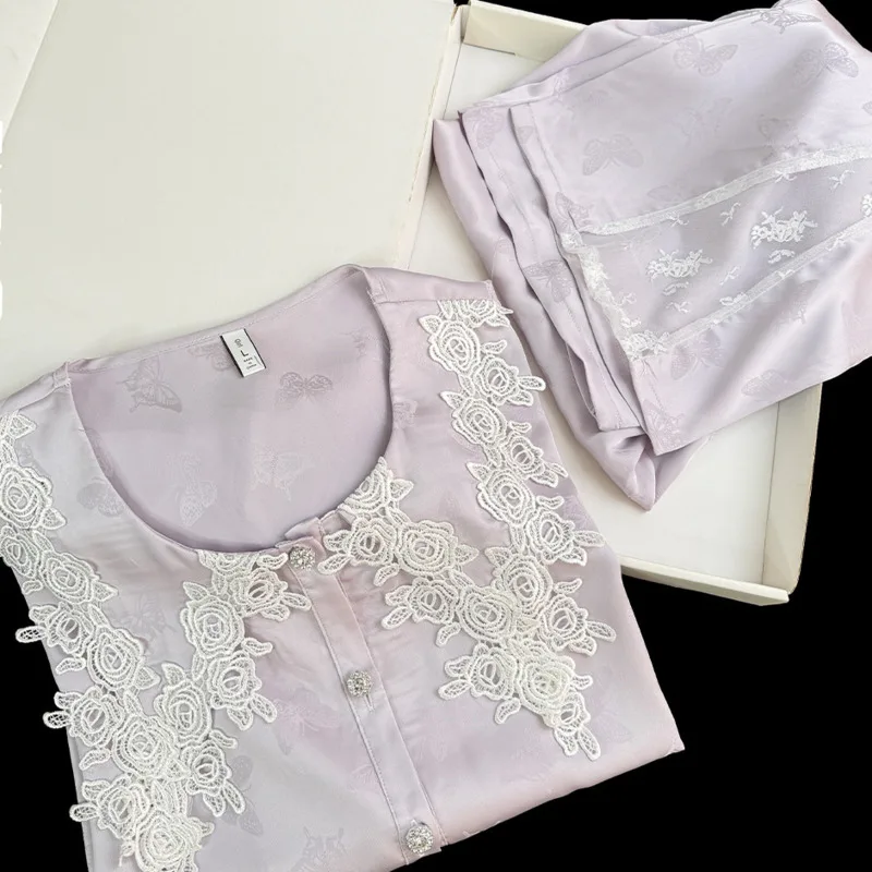 26 New Spring Aummer Jacquard Ice Silk Pajamas Women 2piece Set Luxury Crafted Plus Size Homewear Long Sleeve Pants Nightgown