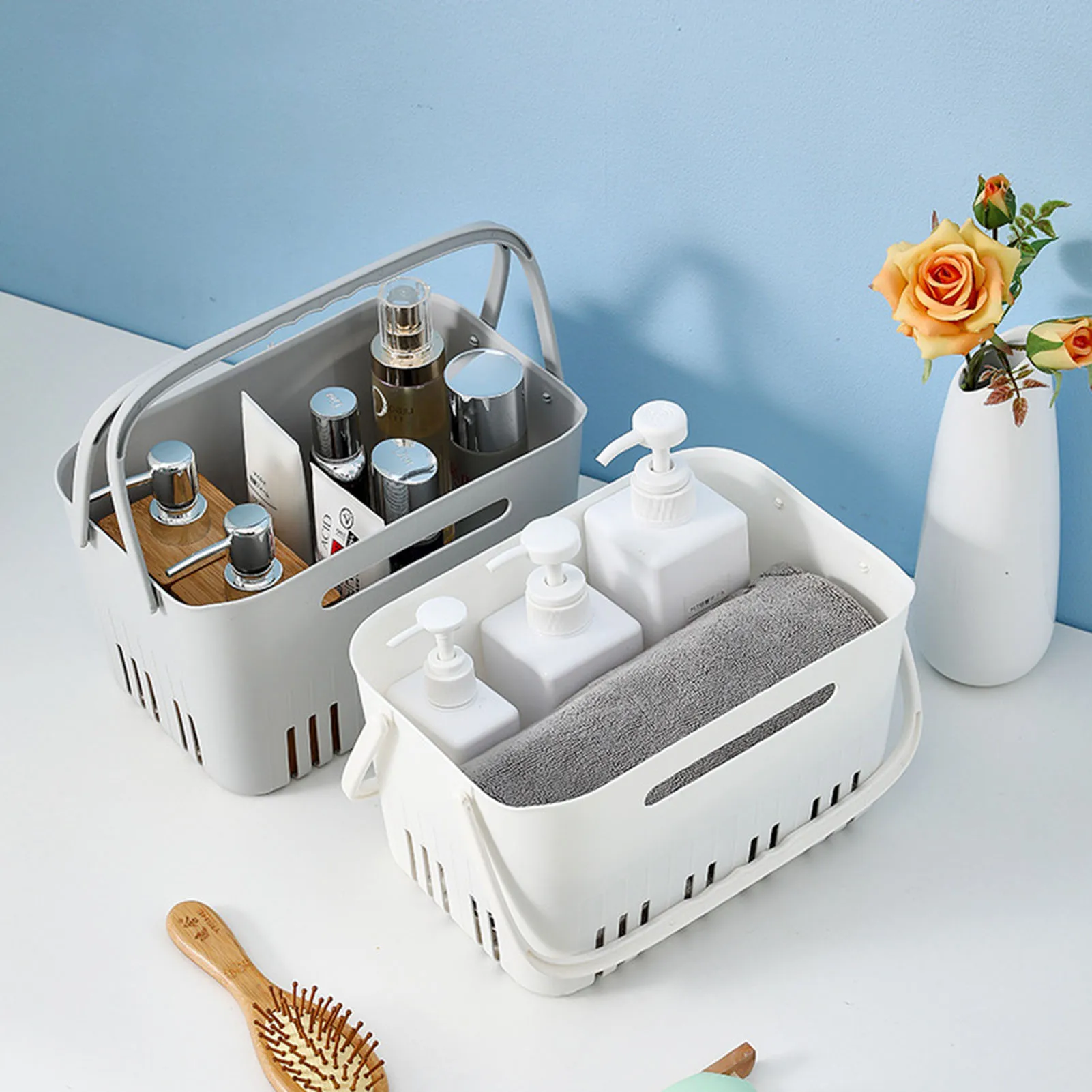

Toiletry Basket with Handle Portable Shower Basket for Bathroom Makeup Snack Organizer Kitchen Seasoning Bottles Storage Basket