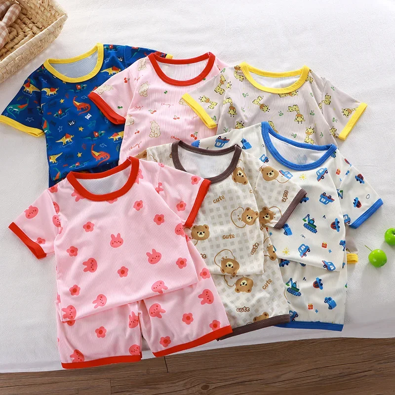 2024 New Boys Girls Summer Thin Clothing Sets Kids Cute Cartoon Print Short Sleeve T-Shirt Tops with Shorts Toddler Baby Pajamas
