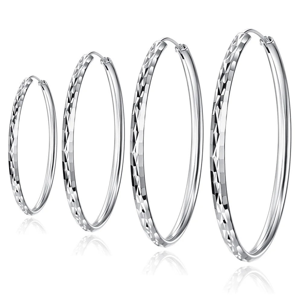 925 Sterling Silver 30/40/50/60 MM Diamond Cutting Hoop Earrings For Women Fashion Jewelry Accessories With GaaBou