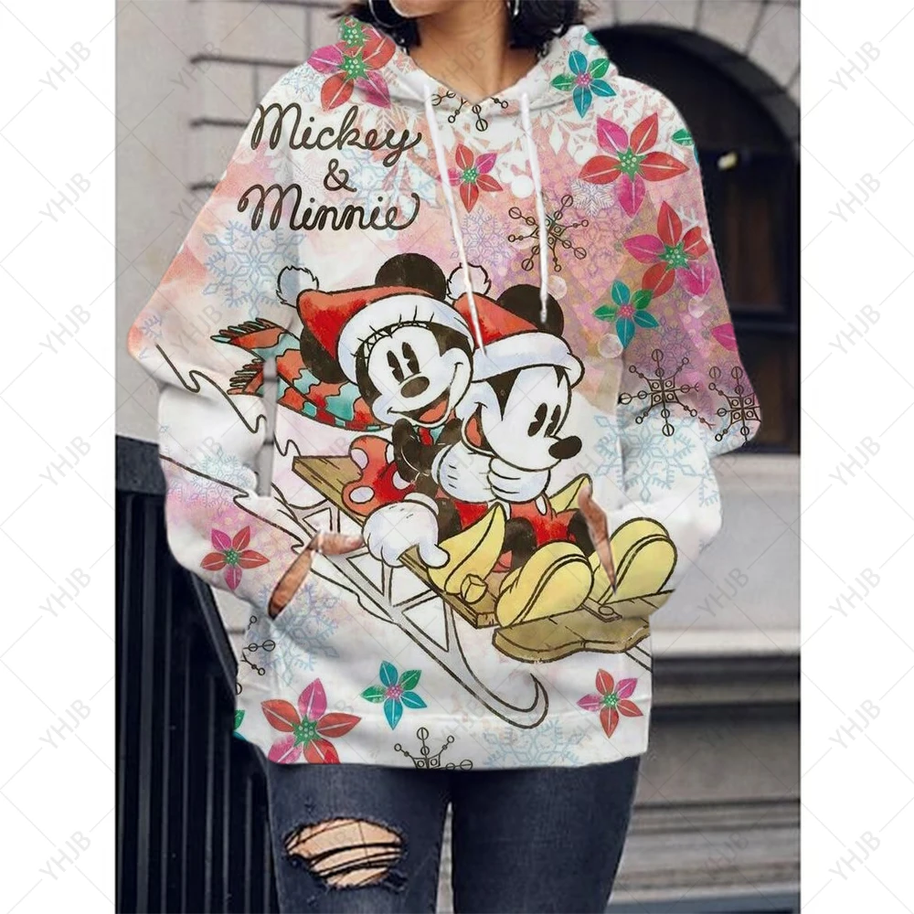 Women\'s Disney Mickey Mouse Christmas Print Hoodie Luxury Pullover Limited Edition Round Neck Drawstring Hoodie Casual Top