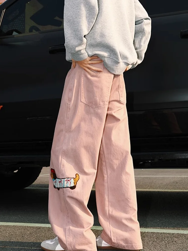 

Pink Sausage Dog Embroidered Jeans Loose Wide Leg Long Trousers Men Women Spring Autumn Cleanfit American Workwear Pants