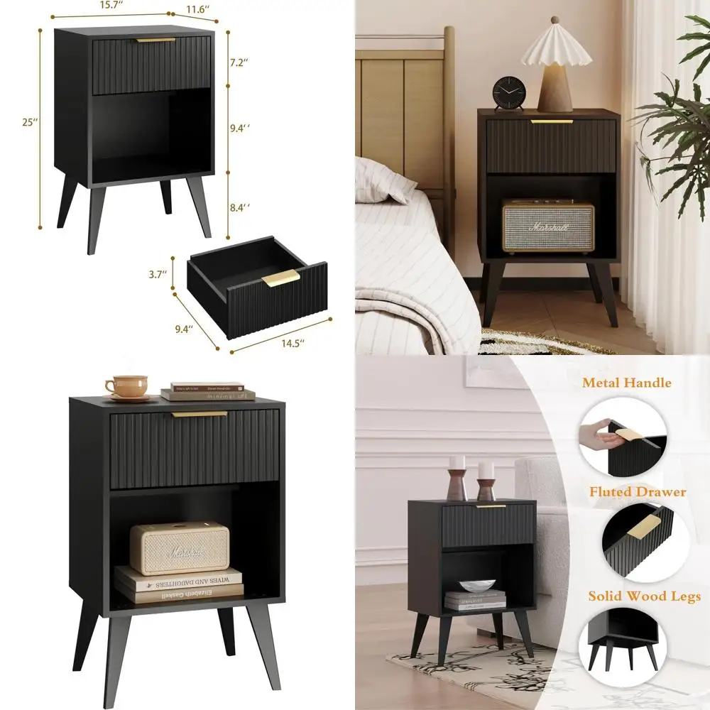 

Прикроватная тумбочка в стиле середины века с рифленой отделкой и выдвижным ящиком, черные деревянные ножки, для гостиной/спальни, 11.8x15.7x25.2