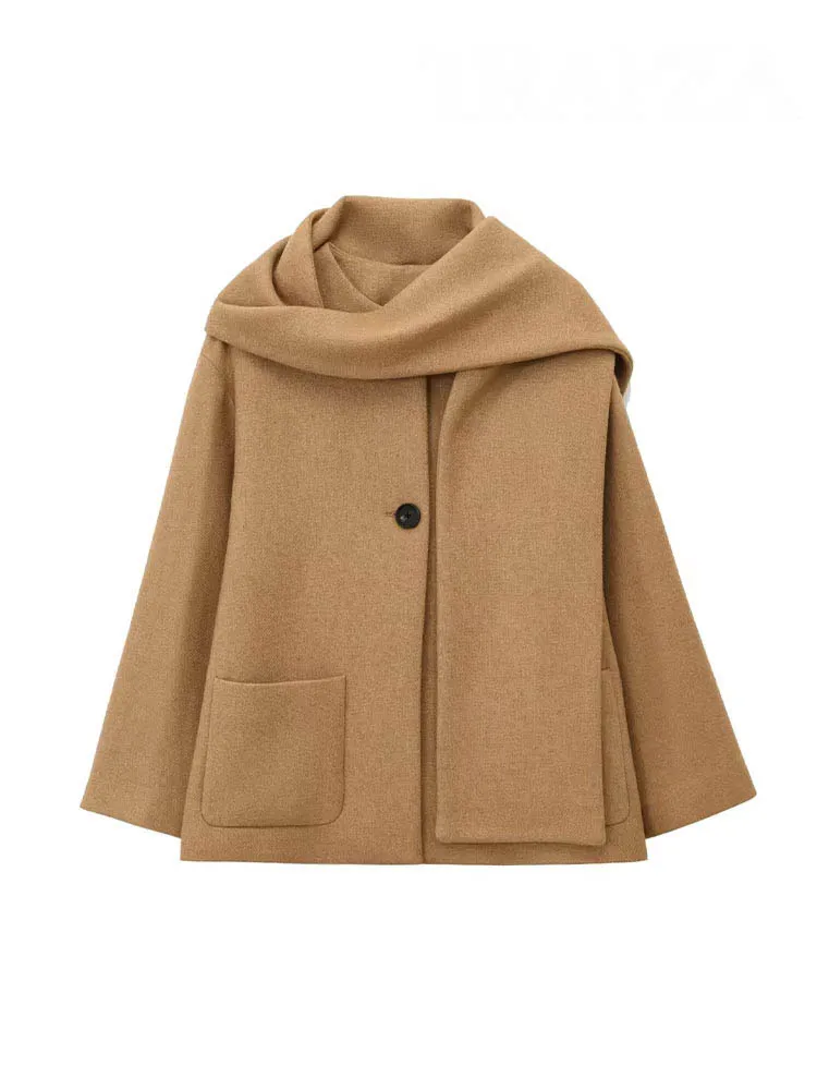 HH Women Fashion Versatile Blended Scarf Round Neck Long Sleeve Jacket Coat Woman Elegant Warm Pocket Design Outwear 5-Color