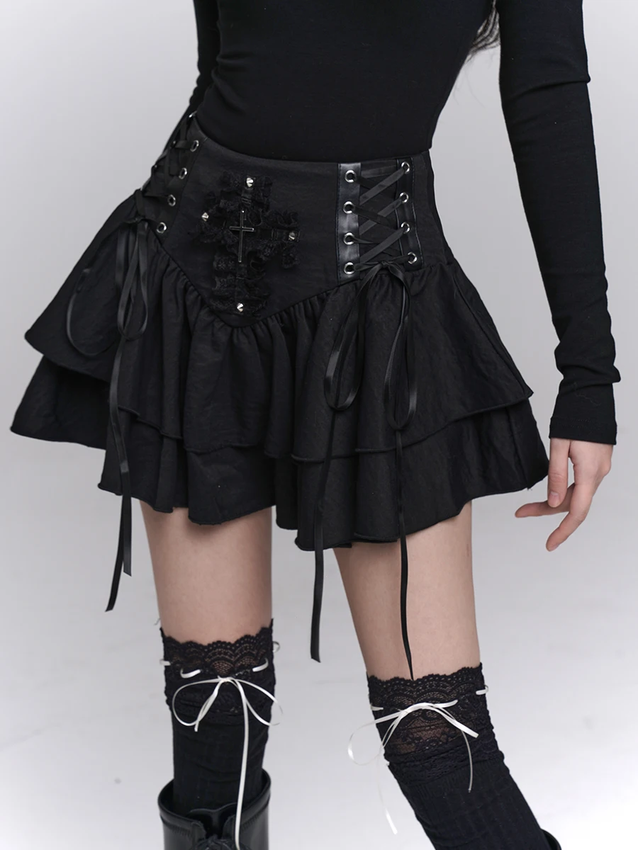 

Gothic Punk Sle Bla Skirt with Cross Ghost Girl High Waist A-Line Skirt for Street Wear Par Date School op