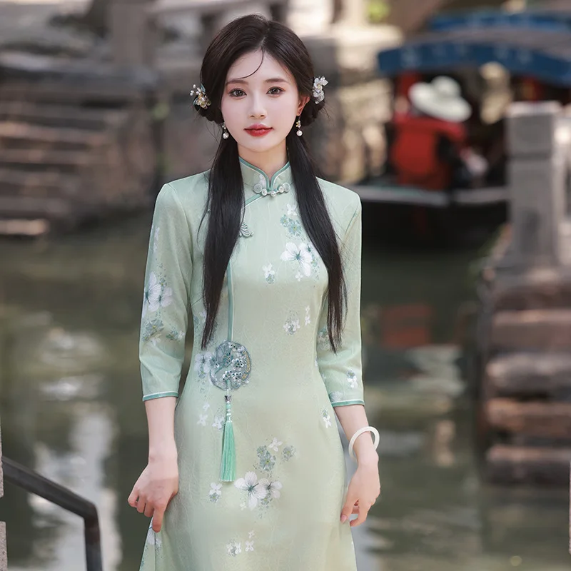 

Traditional Chinese Style Clothes Print Qipao Improved Cheongsam Stand Collar Tassel Decorated 3/4 Sleeve Slim Fit A-line Dress