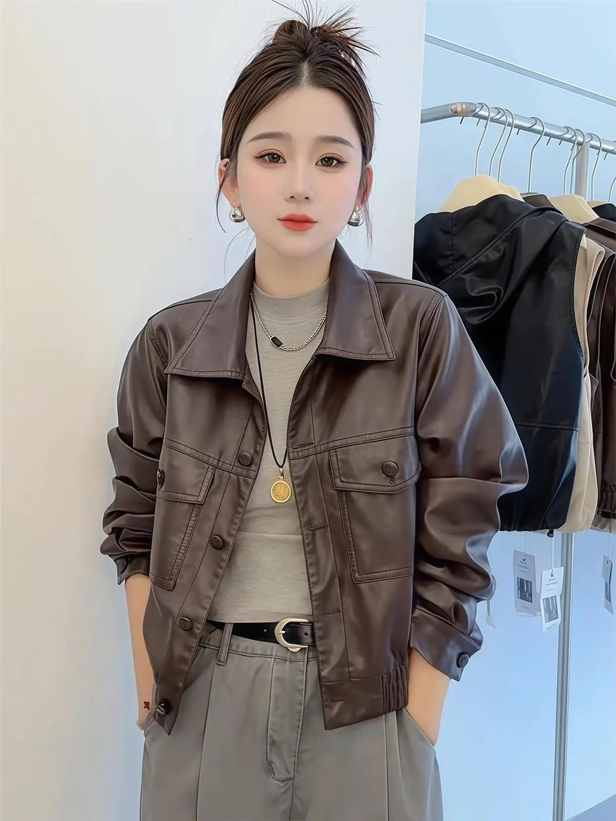 

Fashionable Short Leather Jacket Women's Single Button Turn-down Collar Korean Style Loose Casual Versatile Jacket