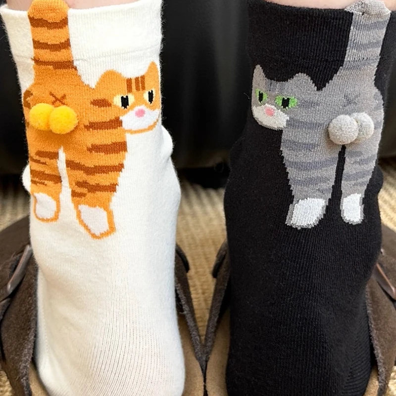Funny Abstract 3D Cat Butt Mid-Tube Socks Cartoon Quirky Cotton Casual Socks Cat Egg Floor Sock for Cute Girls Couple Gifts