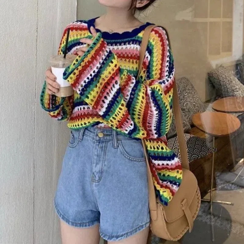 Sweet Young Style Summer New Women\'s O-Neck Rainbow Stripes Hole Hollow Out Korean Fashion Casual Long Sleeve Loose Knitted Tops