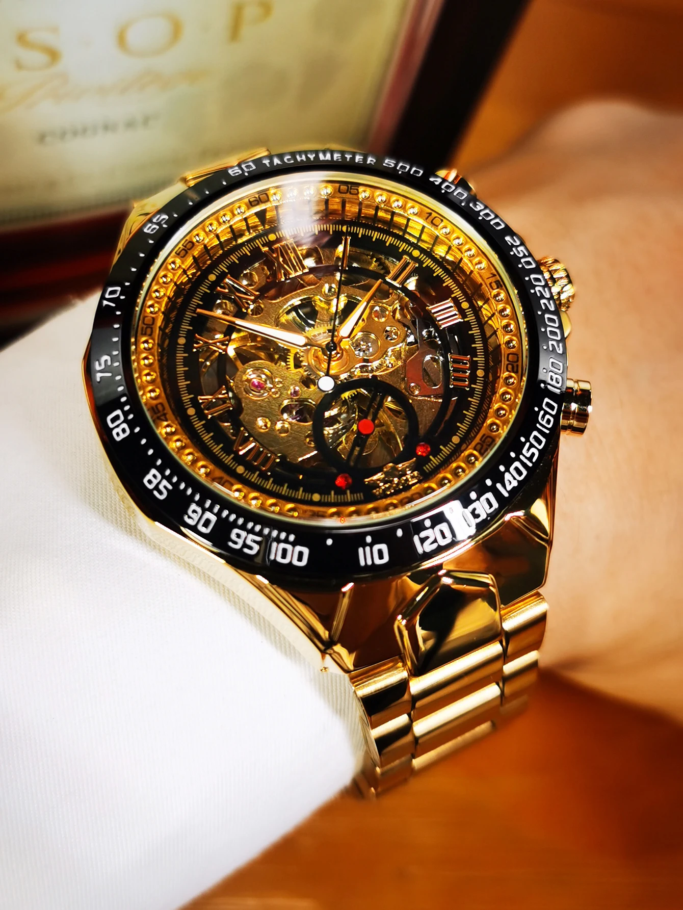 WINNER Gold Skeleton Mechanical Mens Watches Top Brand Luxury Automatic Watch Luminous Stainless Steel Strap Classic Male Clock